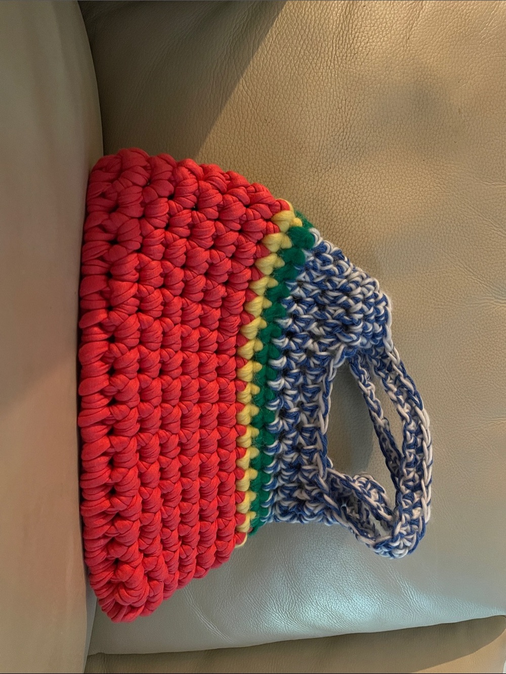 Handcrafted Red Woven Tote Bag with Blue Handles